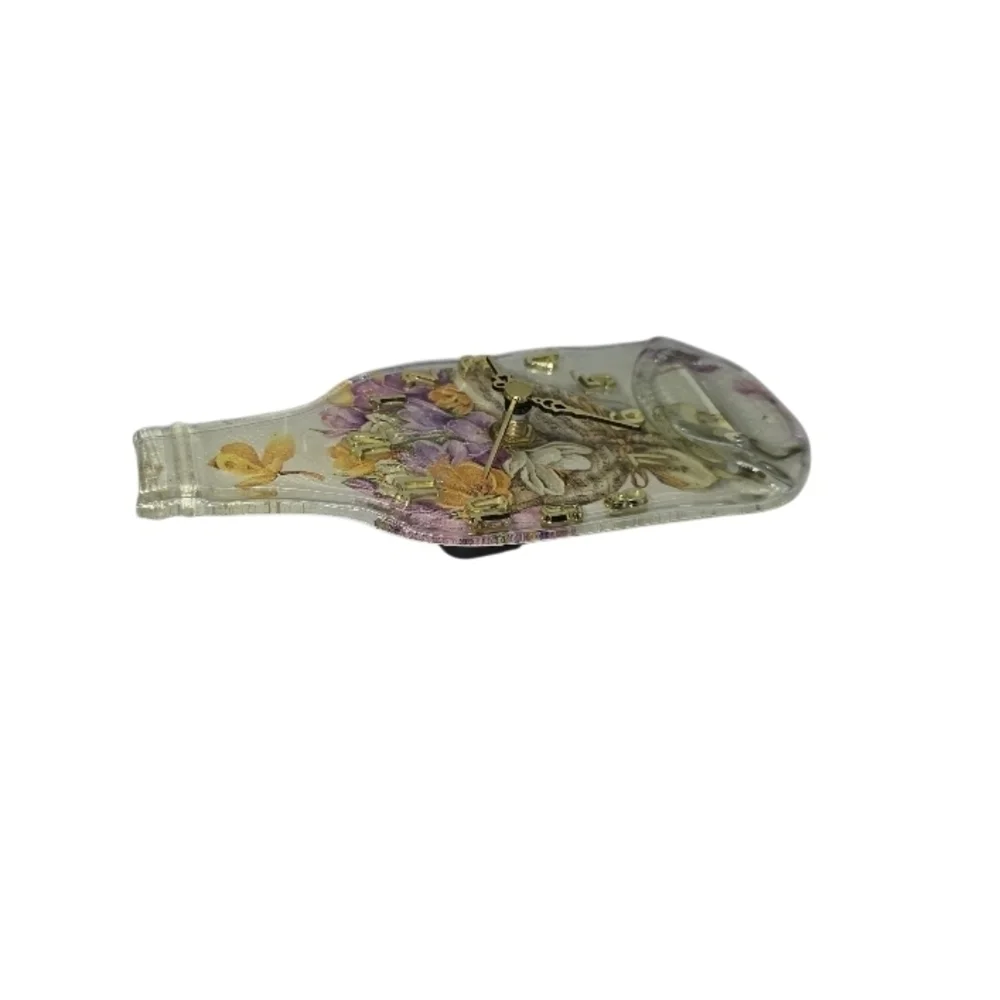 Vtg Fused Glass Recycled Bottle Clock With Flowers Designs 7½